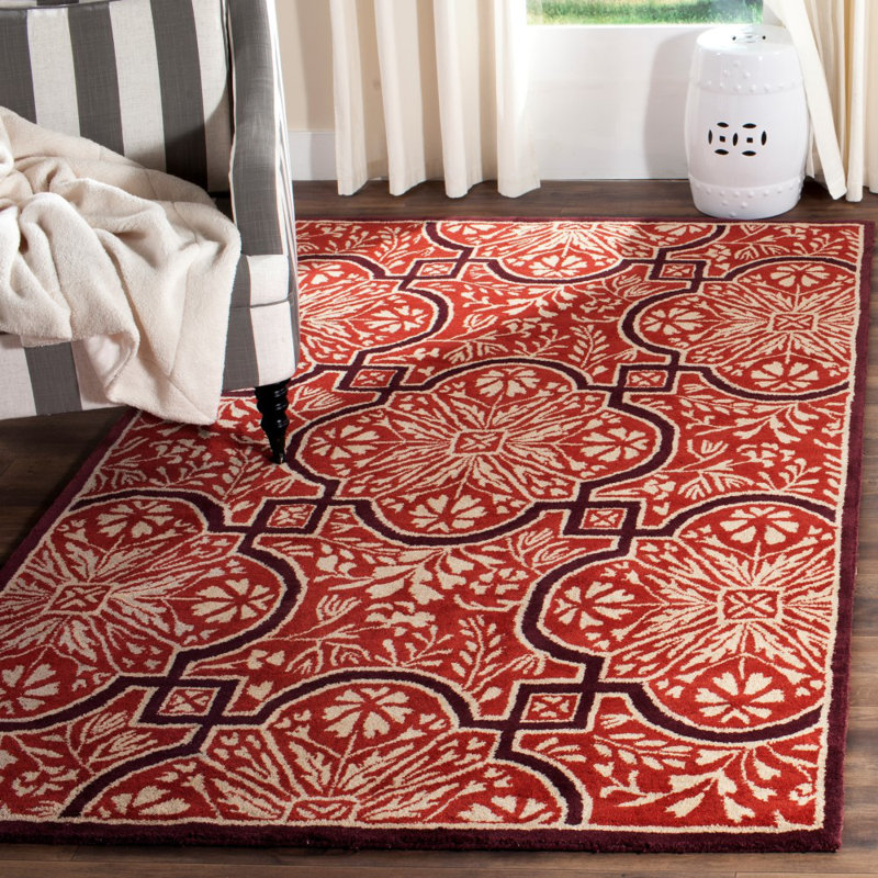 Tapis français en laine touffeté à la main à motif floral français vermillon / ivoire, Rectangle 5 pi x 8 pi