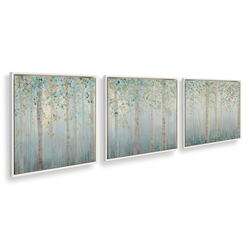 Ensemble de 3 impressions «Whispers of Birch», 16 po x 16 po, Cadre flottant blanc opaque