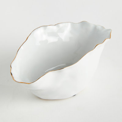 Bordure White Ceramic Wide Vase Small with Gold-Tipped Crimped Edge