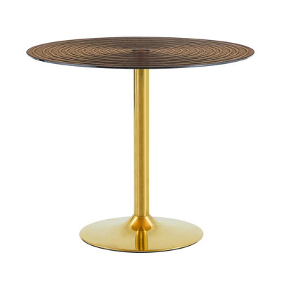 35 Inch Round Glass Table, Light Luxury Brown Ring Design with Golden Metal Support Pillar, Multi-Purpose Furniture Serving as Dining Table, Coffee Table and Negotiation Table, Perfect for Small Spaces with 2-4 Seating Capacity