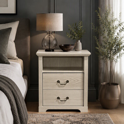 Table de chevet rustique 2 pièces avec poignées en métal, fini chêne vieilli, meuble de chambre à coucher avec tablette supérieure ouverte