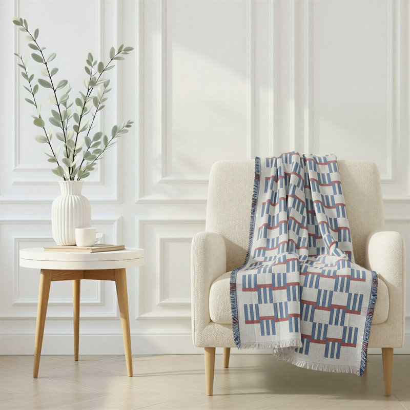 Woven Cotton Blend Jacquard Throw With Stripes/Block Pattern And Fringe