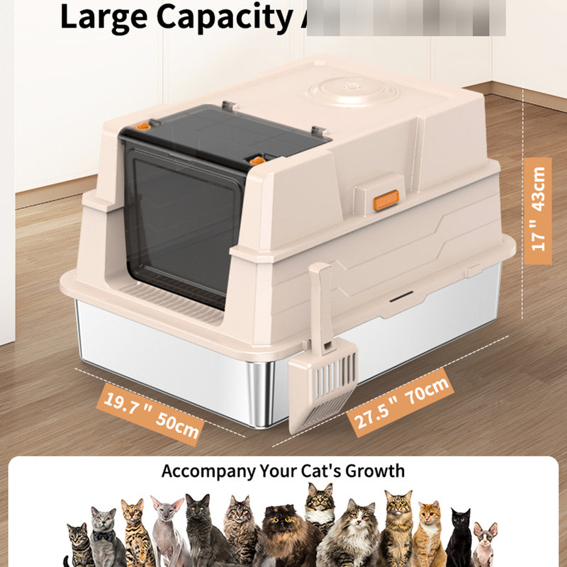 Bac à litière pour chat en acier inoxydable de grande taille, à conception surélevée à débordement, lavable, avec odeur, avec crochet, boîte de rangement de 28,46 po de profondeur, profond