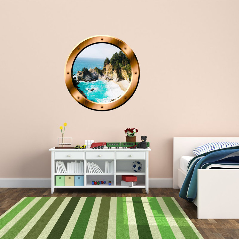 Adhésif décoratif hublot 3d beach view, H 24 po x l 24 po x P 0,01 po, Orange/bleu