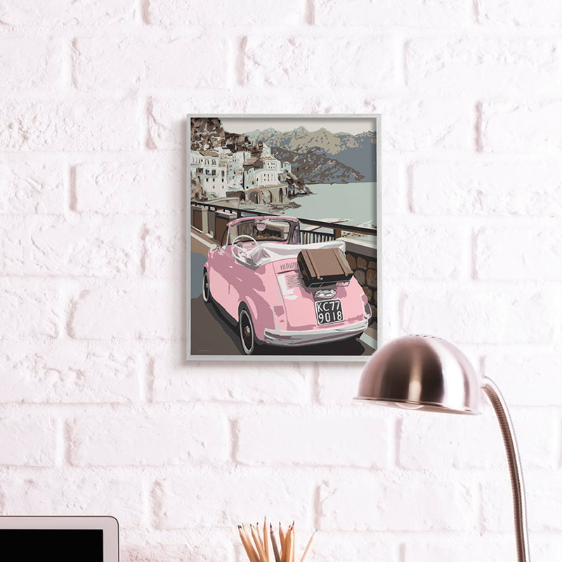 «Pink Car Cliffside Town on Waterfront Road» par Kamdon Kreations - impression, H 20 po x l 16 po