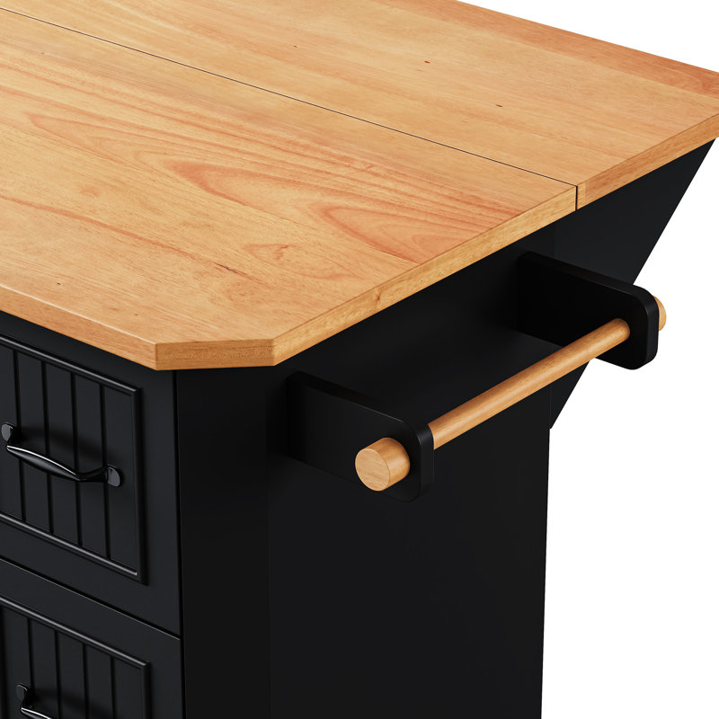 Large Kitchen Island With Power Outlet & Adjustable Shelves Black 47" Rubber Wood Veneer Top 4 Doors, Black