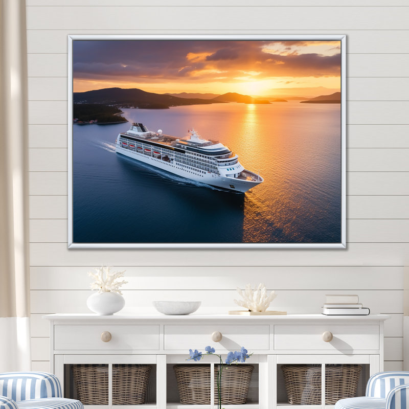 Serenity Voyage Croisière à l'aube - Bateau côtier, art mural, Cadre flottant blanc, H 24 po x l 32 po x P 1 po