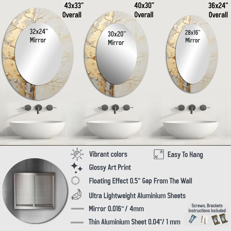 Gold And Beige Tree Amercian Basswood - Grey Oval Wall Mirror Decor, 40" x 30"