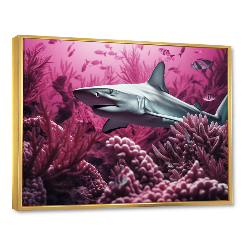 " Hammerhead Purple Sharks ", 16" H x 32" W x 1" D, Gold Floater Framed