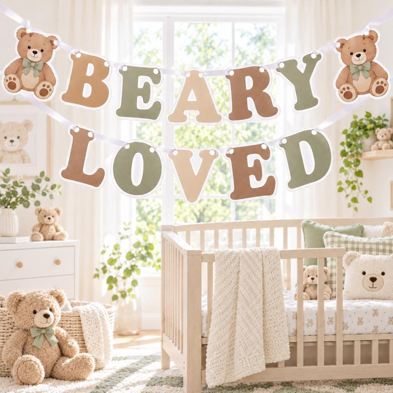 Beary Loved Baby Shower Banner, Neutral Teddy Bear Cardstock Garland