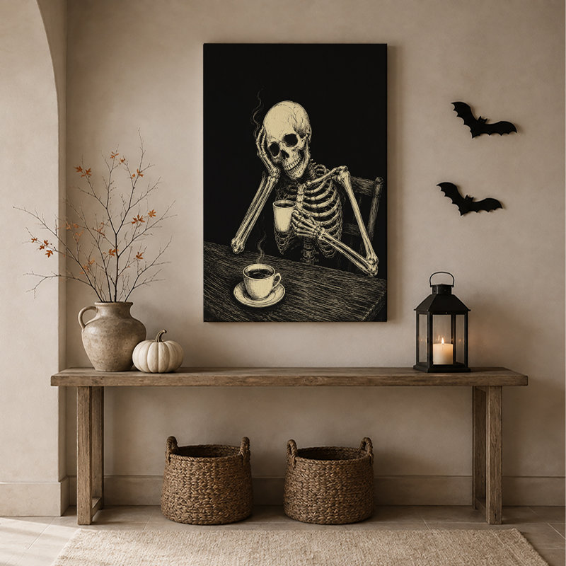 Squelette buvant un café à la table, croquis d'Halloween, art mural sur toile, H 18 po x l 12 po
