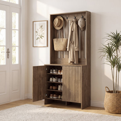 Farmhouse Wood Hall Tree With Shoe Storage and Coat Rack For Entryway, Entryway Organizer With Shoe Cubbies & 8 Coat Hooks