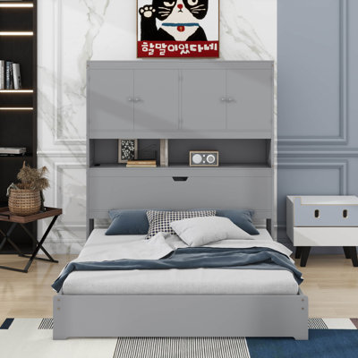 Full Size Wooden Platform Bed With USB, Storage Headboard And Drawers