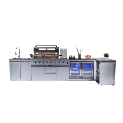 Îlot de cuisine 6 bar à 6 brûleurs 96 000 BTU de luxe en acier inoxydable au gaz pour barbecue, réfrigérateur à vin compact, rôtissoire, comptoirs en granit, armoires et tiroirs de rangement