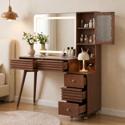 Modern Makeup Vanity Desk With 3-Color LED Mirror & Fluted Glass Storage Cabinet & Charging Station & 5 Drawers