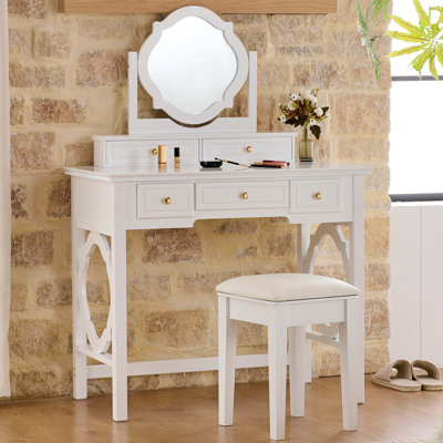 Compact Makeup Vanity Table With Reversible Mirror, Dressing Table Set With Stool, Space-Saving Beauty Station For Small Places, White