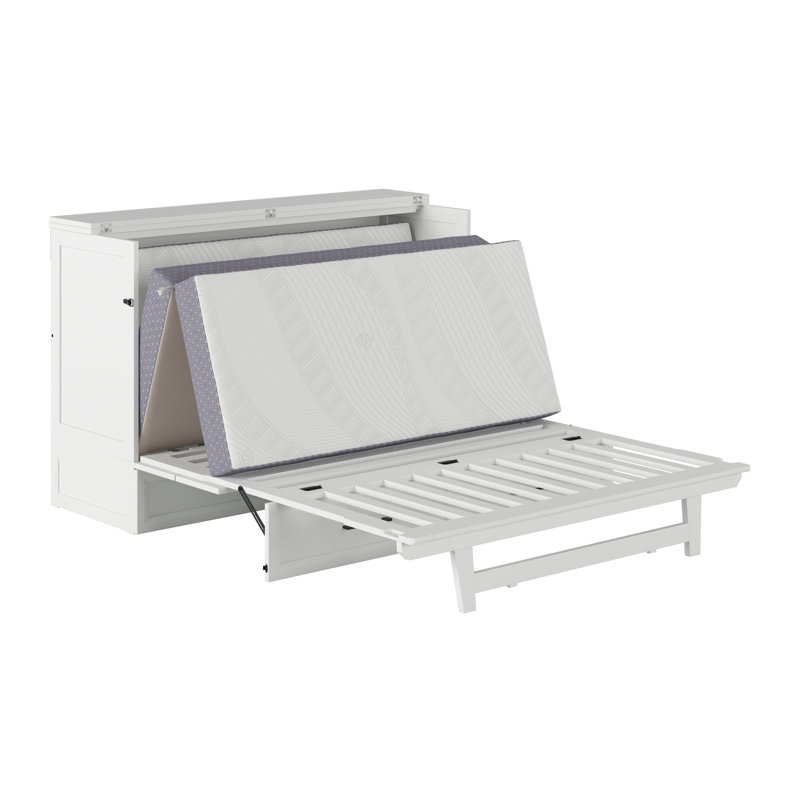 Tucson Wood Murphy Bed Chest with Storage Drawer, Built-in Charging station and Mattress, White, Queen
