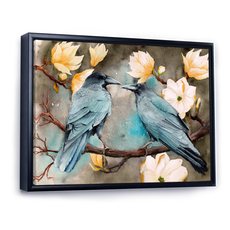 Deux corbeaux sur les branches de magnolia avec fleurs - reproduction sur toile, H 30 po x l 40 po x P 1,5 po