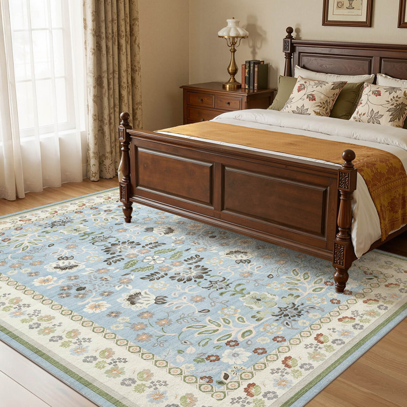 Caulksville Machine Washable Floral Boho Area Rug,Modern Low Pile Carpet with Non-Slip Backing for Easy Cleaning, Blue