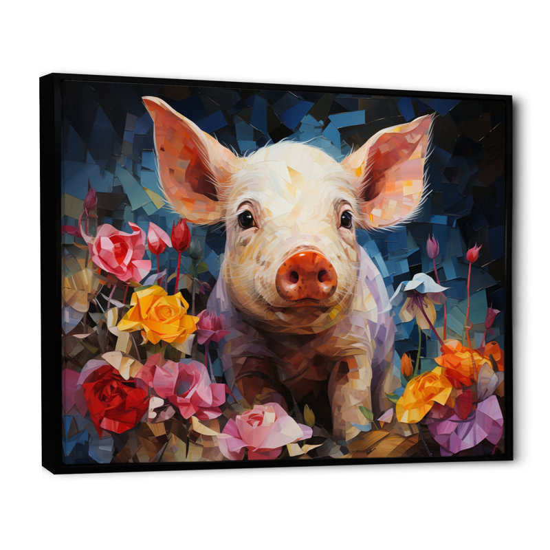 Collage de porcelets curieux roses sur toile, H 12 po x l 20 po x P 1 po, Cadre flottant noir