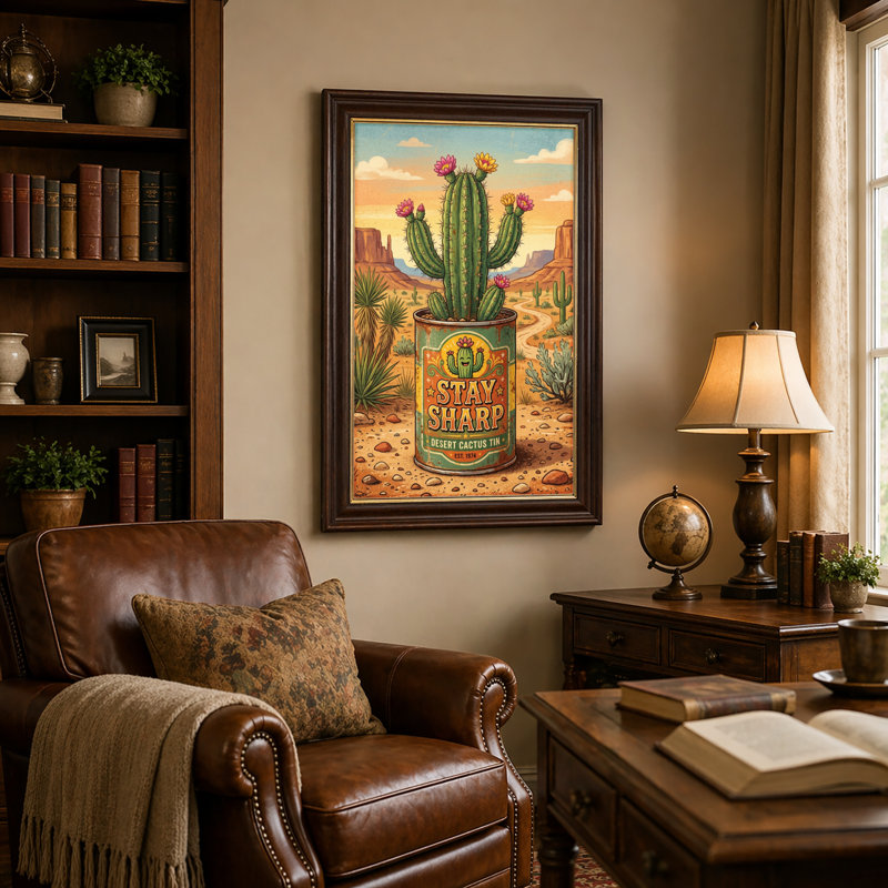 Art mural antique sur toile encadré doré pour le salon, la chambre à coucher, le bureau ou le vestibule - Décoration murale décorative avec cactus du désert