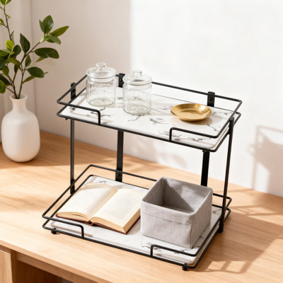 2-Tier Bathroom Countertop Organizer With Marble-Patterned Trays, Sturdy Metal Makeup And Cosmetic Storage Display Shelf For Vanity And Dresser