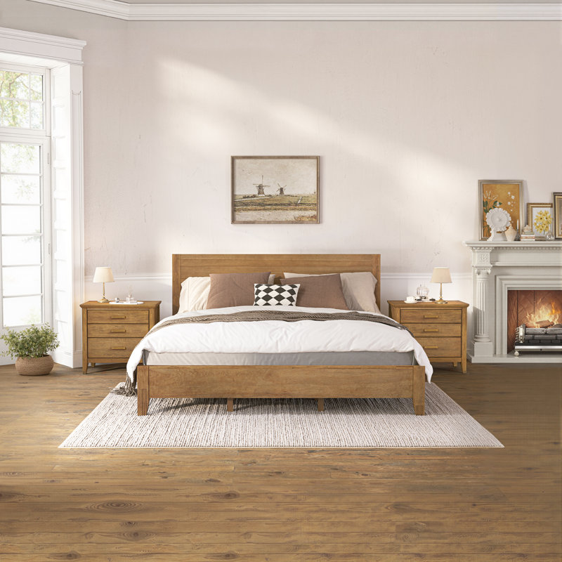 Ensemble de chambre à coucher 3 pièces avec lit et deux tables de chevet Lessio, Bois foncé, Très grand
