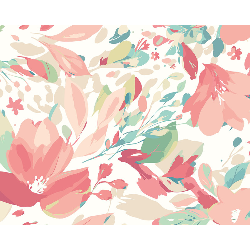 Murale fleurs fluides corail, Blanc
