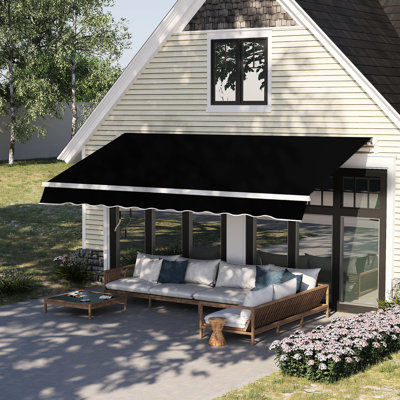 8' X 7' Patio Retractable Awning - Black Manual Exterior Sun Screen. Adjustable To Block Impact & Heat, Fits Various Surfaces, Aluminum, Steel Fabric