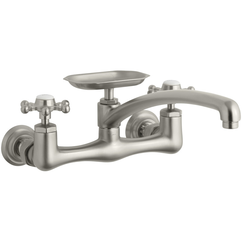 Antique Double Handle Kitchen Faucet, Vibrant Brushed Nickel, 12" Swing Spout
