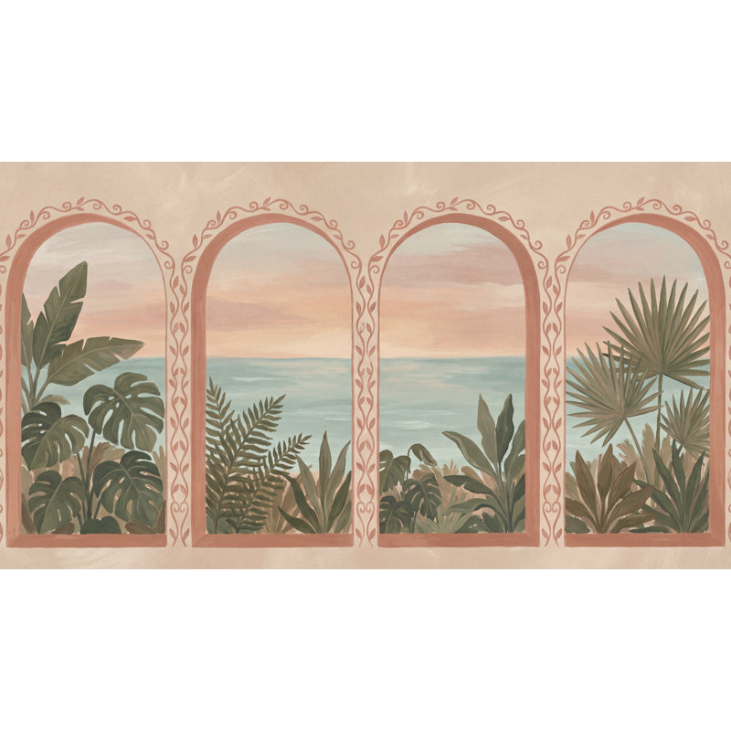 Panneau mural paysage côtier avec fenêtres arquées, Texturé non collé, 160 po x 108 po