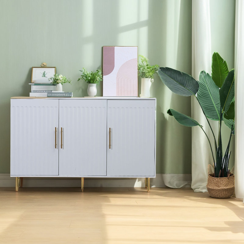 Spacious 3-Door Sideboard In White. For Kitchen, Dining & Living Rooms. Gold Handles And Fluted Design Enhance Style Accent White Buffet Cabinet With 3 Doors. Design. Fits Various Rooms