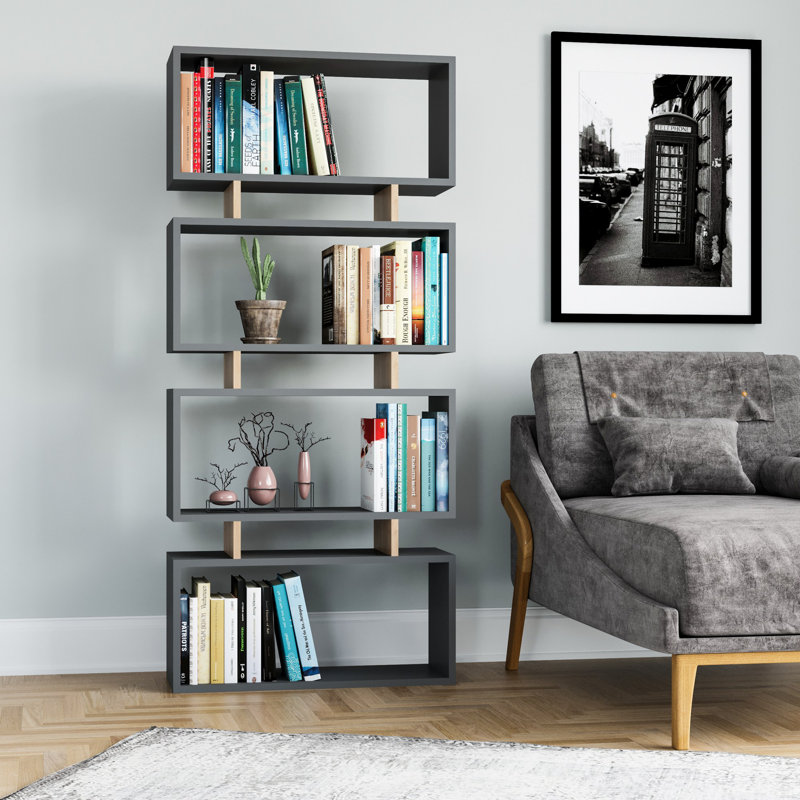 Modern Bookshelf with Wall-Mount Option, Anthracite & Oak Finish, 28.5 x 9.8 x 63.4 inches | 100% Melamine Coated Particle Board, Durable & Stylish Design, Numerous Shelves for Optimal Storage, Perfect for Home & Office