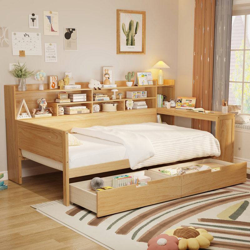 Lit de jour polyvalent en bois avec tablettes de rangement, deux tiroirs de rangement et bureau d'étude pour une fonctionnalité de chambre à coucher améliorée
