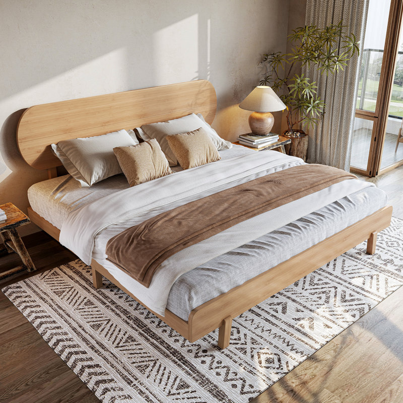 Lit plateforme en bambou Aurelius avec tête de lit arrondie et support à lattes, Très grand lit, Natural