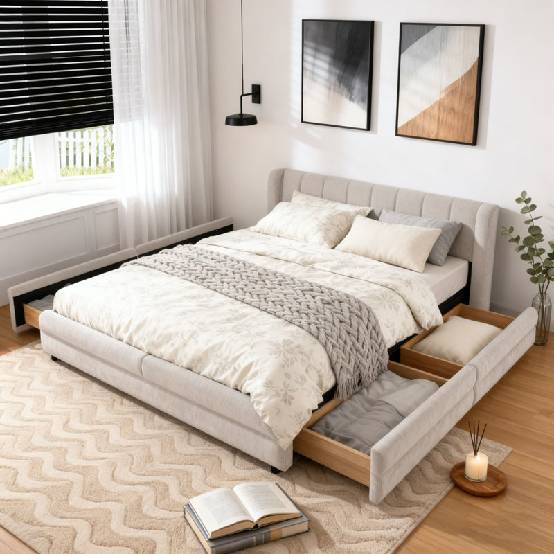 Chenille fabric Upholstered Bed Frame with Thick Fabric With drawer for storage, Beige