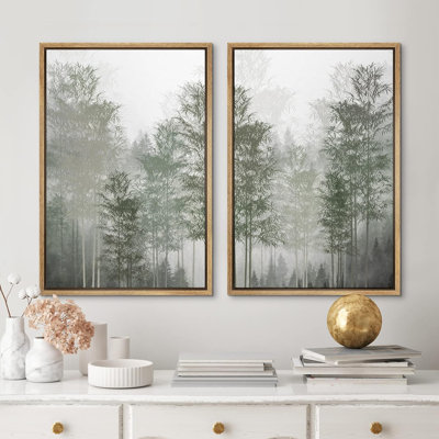 Misty Forest Landscape " Green Bamboo Misty Fog Forest Tree " 2 - Pieces