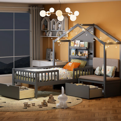 Lit de maison simple et gris, avec station de recharge sans fil rembourrée et futuriste, solutions de rangement, options d'espace