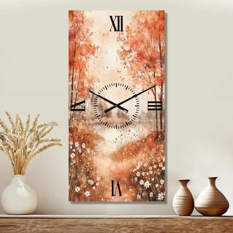 Horloge murale de style ferme, motif de fleurs sauvages rouges et blanches à l'horizon du lac, H 32 po x l 16 po - Rectangle