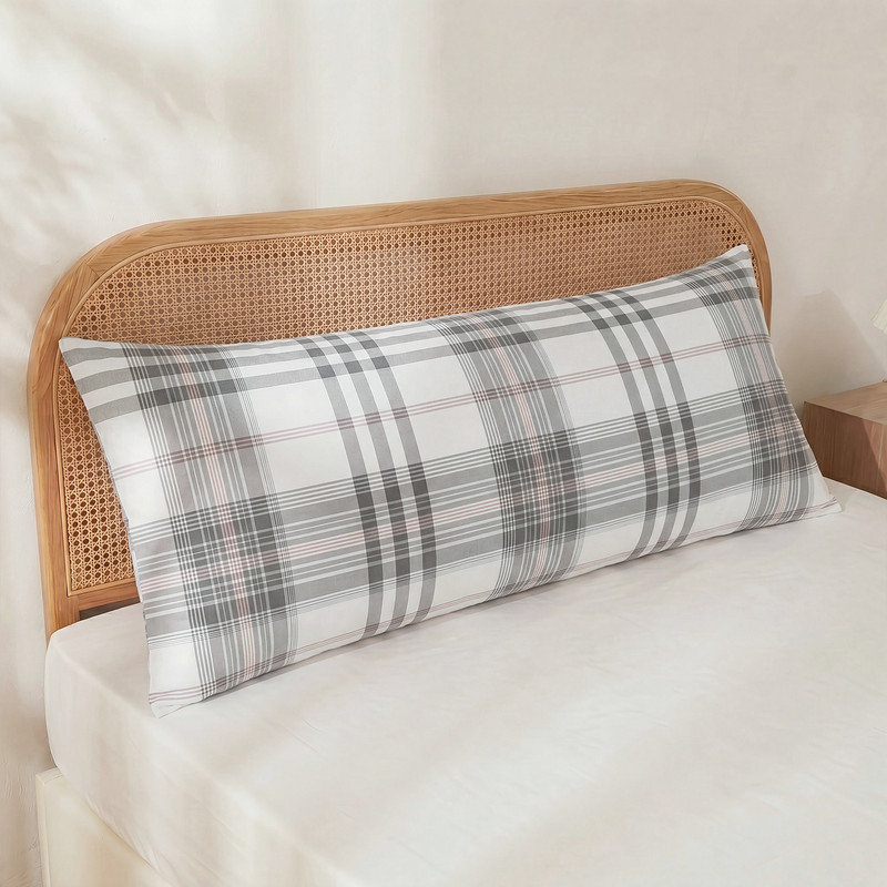 100% Cotton Body Pillow Cover, 20 x 54, Washed Cotton Gray Check Pillowcase, Soft Breathable Pillow Cover for Bed