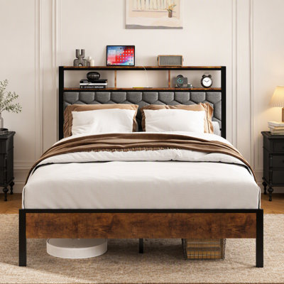 Cadre de lit double, cadre de lit plateforme en bois, chevet avec emballage souple et 2 pièces, pas de bruit, pas besoin de matelas à ressorts et d'outils d'assemblage simples, grand espace de rangement au bas du lit, brun