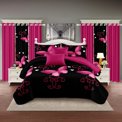 Ensemble de lit et rideaux matelassés à motif floral papillon rose sur fond noir, 9 pièces, avec 6 panneaux indépendants filtrant la lumière