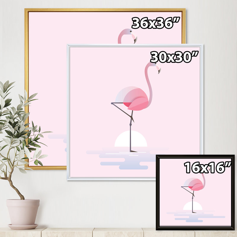 Flamant rose debout - Impression sur toile, Cadre flottant blanc, H 16 po x l 16 po x P 1 po