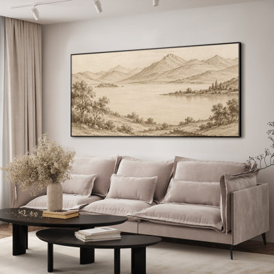 Très grand, reproduction d'art sur tissu mural - paysage de paysage de lac de montagne brun clair - "Assemblage requis (cadre non fini)"