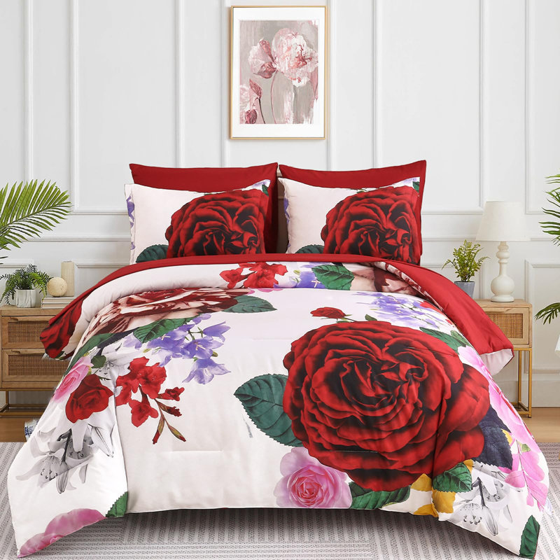 Ensemble d'édredon floral 7 pièces avec draps et taies d'oreiller, Grand édredon et 6 pièces supplémentaires, Rouge