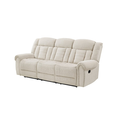 Reo Double Manual Reclining Sofa With Nailhead Trim, Beige Chenille