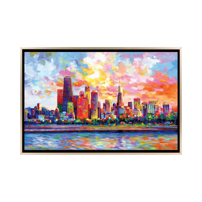 Chicago Skyline by Leon Devenice iCanvas, Champagne Floater Frame Canvas, 26" H x 40" W x 1.5" D