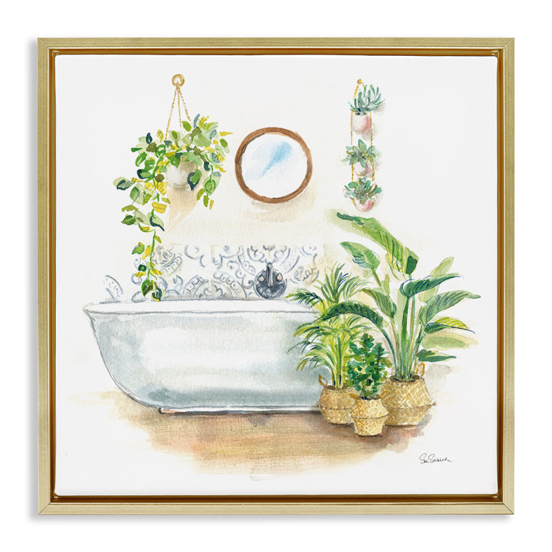 «Serene Bathroom Interior» par Sue Schlabach, H 18 po x l 18 po x P 1,7 po, Cadre flottant métallique doré