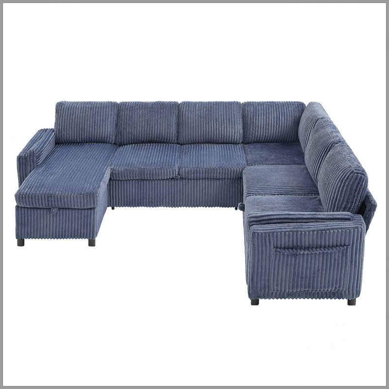 Canapé-lit convertible Canapé-lit modulaire rétractable en forme de U de 111 po avec ports USB et rangement pour le salon, bleu