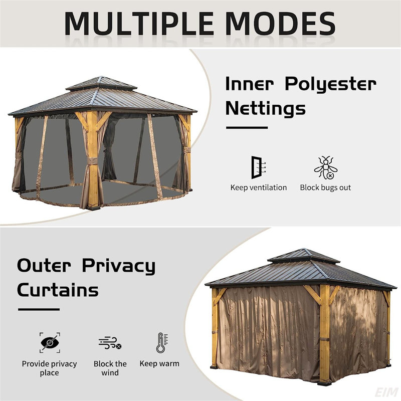 Hardtop Gazebo, Outdoor Cedar Wood Frame Canopy With Galvanized Steel Double Roof, Outdoor Permanent Metal Pavilion With Curtains And Netting For Patio, Backyard And Lawn (Canopy)